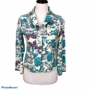 UO Lux fitted pocketed floral print jacket with snap and zipper closure